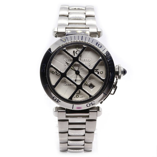 Cartier Pasha Stainless Steel with Grill Automatic Watch, Ref 2379, 38mm case with silvered guilloche dial, Arabic numerals, date indicator, rotating bezel, blue cabochon gem set crown cap and sapphire crystal glass, display back, on stainless steel bracelet with hidden double fold-over clasp, Circa 2005