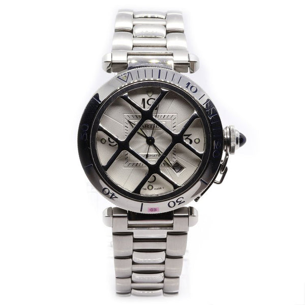 Cartier Pasha Stainless Steel with Grill Automatic Watch, Ref 2379, 38mm case with silvered guilloche dial, Arabic numerals, date indicator, rotating bezel, blue cabochon gem set crown cap and sapphire crystal glass, display back, on stainless steel bracelet with hidden double fold-over clasp, Circa 2005