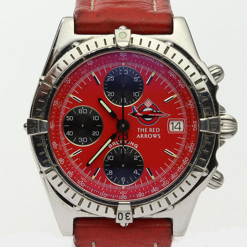 Breitling Chronomat The Red Arrows Limited Edition 39mm Watch, uni-directional rotating bezel, screwdown crown, Breitling red leather strap with buckle.