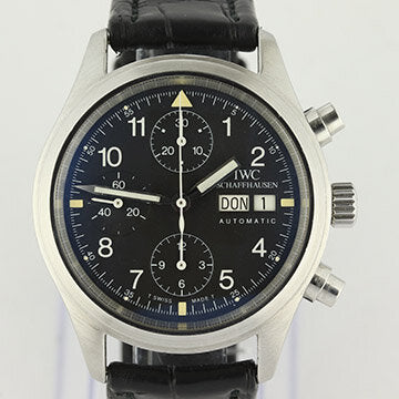 IWC Flieger Chronograph Pilot Watch; 39mm stainless steel case, black dial, day date. automatic movement, on IWC black leather strap with steel pin buckle