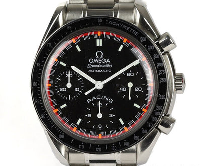 Gents Omega Speedmaster Racing Michael Schumacher World Champion 2000 Limited Edition 39mm Stainless Steel Automatic Chronograph, black dial with red rim, baton hour markers, outer Tachymetre track, Omega stainless steel bracelet with an Omega single deployment clasp