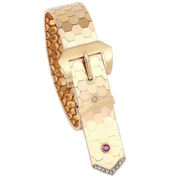 Vintage 18ct Yellow Gold Buckle Bracelet with Pink Sapphire and Diamonds; mid 20th century articulated honeycomb buckle bracelet with diamond and pink sapphire detail