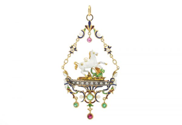 Vintage Pegasus and Dragon Pendant with Enamel and Gemstones; elaborate 18ct yellow gold Pegasus and dragon pendant necklace decorated with enamel, freshwater pearls, emeralds, ruby and diamonds. Made in the USA, Circa 1950s