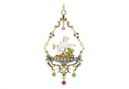 Vintage Pegasus and Dragon Pendant with Enamel and Gemstones; elaborate 18ct yellow gold Pegasus and dragon pendant necklace decorated with enamel, freshwater pearls, emeralds, ruby and diamonds. Made in the USA, Circa 1950s
