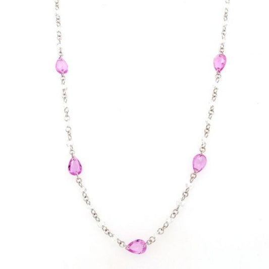Pear Cut Pink Sapphire and Diamond 18ct White Gold Chain Necklace; set with 2.79cts drilled faceted diamonds and 5.91cts pear-shaped pink sapphires