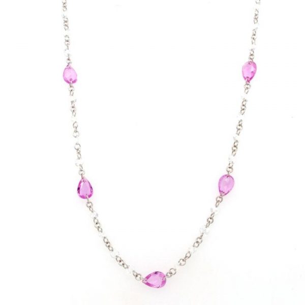 Pear Cut Pink Sapphire and Diamond 18ct White Gold Chain Necklace; set with 2.79cts drilled faceted diamonds and 5.91cts pear-shaped pink sapphires