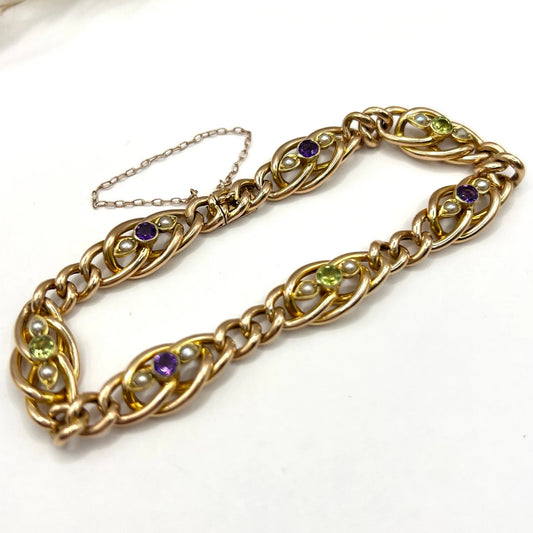 Edwardian Antique Amethyst Peridot and Pearl Suffragette Curb Link Bracelet in 15ct Gold