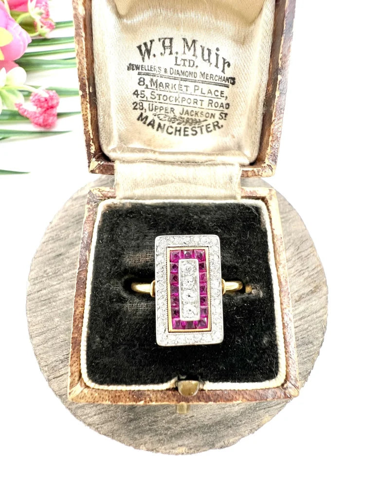 Art Deco Diamond and Ruby Cluster Tablet Ring