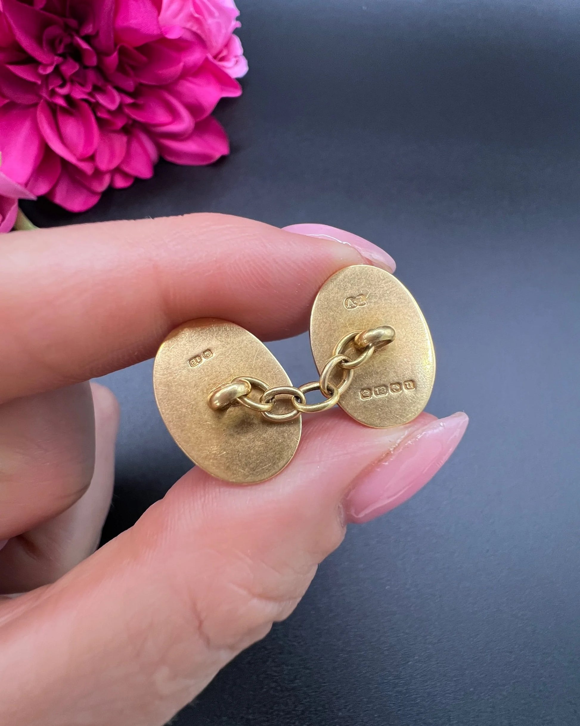 Antique 18ct Yellow Gold Cufflinks: Edwardian Floral Design, Birmingham 1919