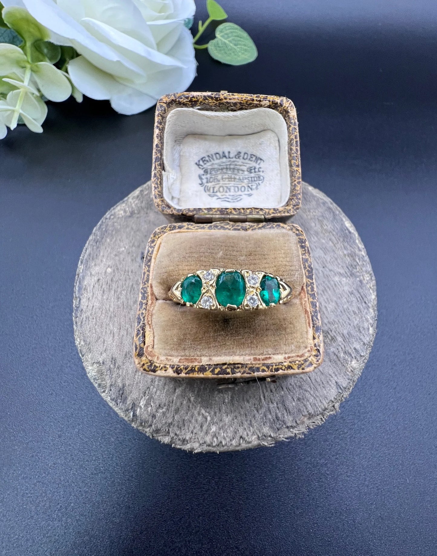 Vintage 18ct Yellow Gold, 1960s Victorian Style Emerald and Diamond Carved Ring