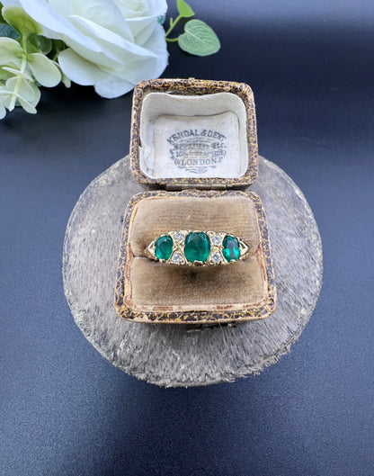 Vintage 18ct Yellow Gold, 1960s Victorian Style Emerald and Diamond Carved Ring