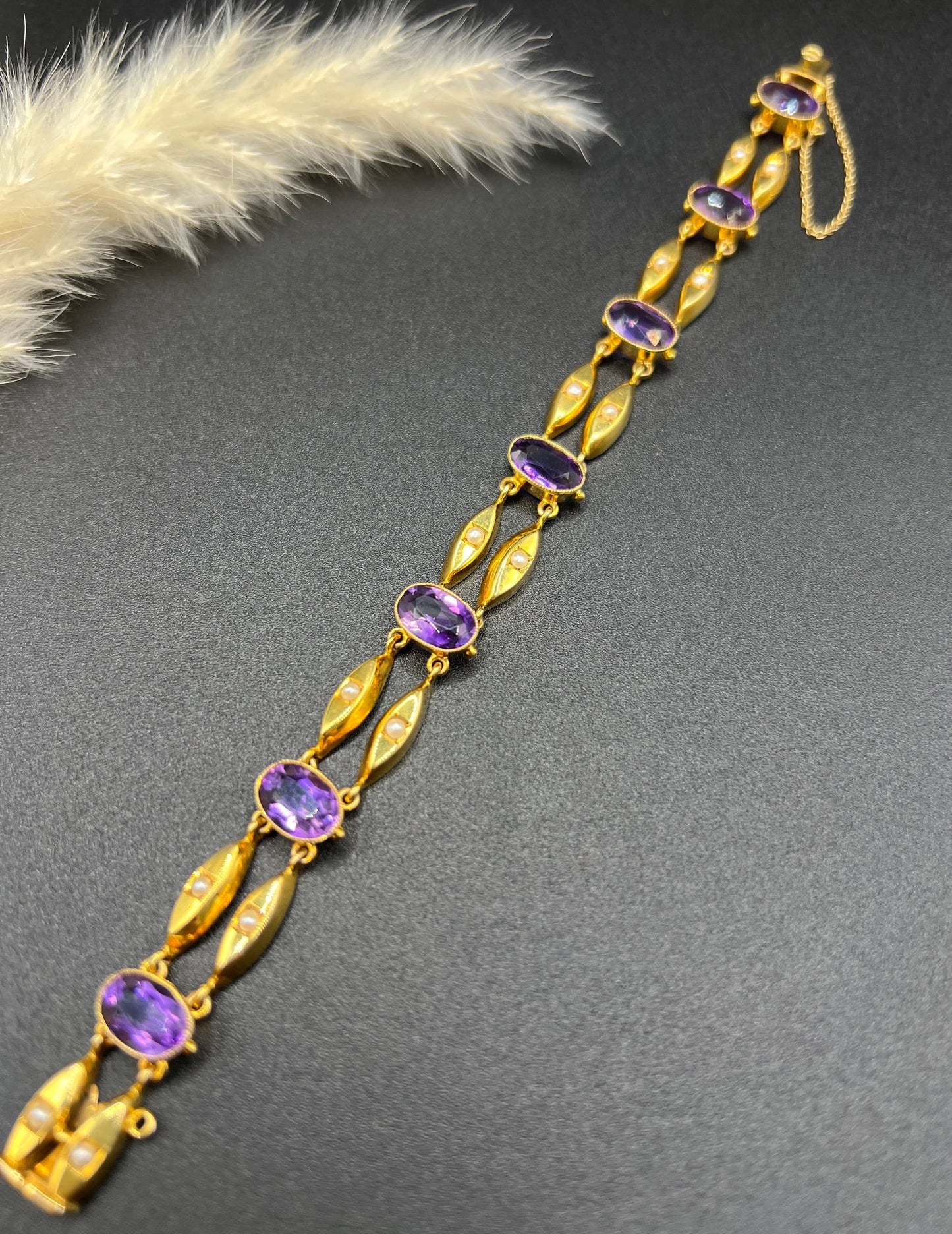 Antique Art Nouveau 15 Carat Yellow Gold Amethyst and Seed Pearl Two Row Bracelet
