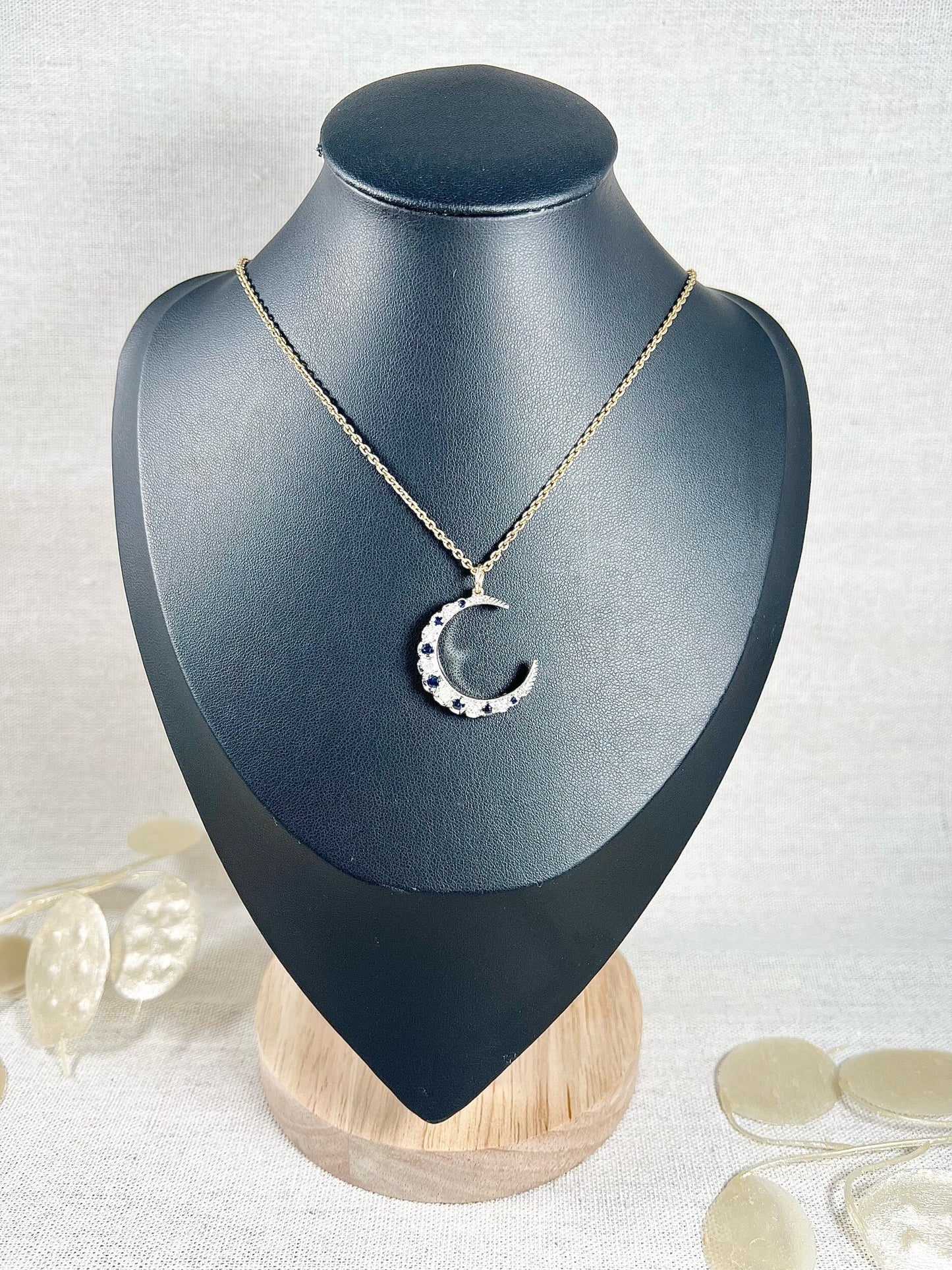 Victorian 9 Carat Gold, Silver, Sapphire and Diamond Crescent Moon Pendant