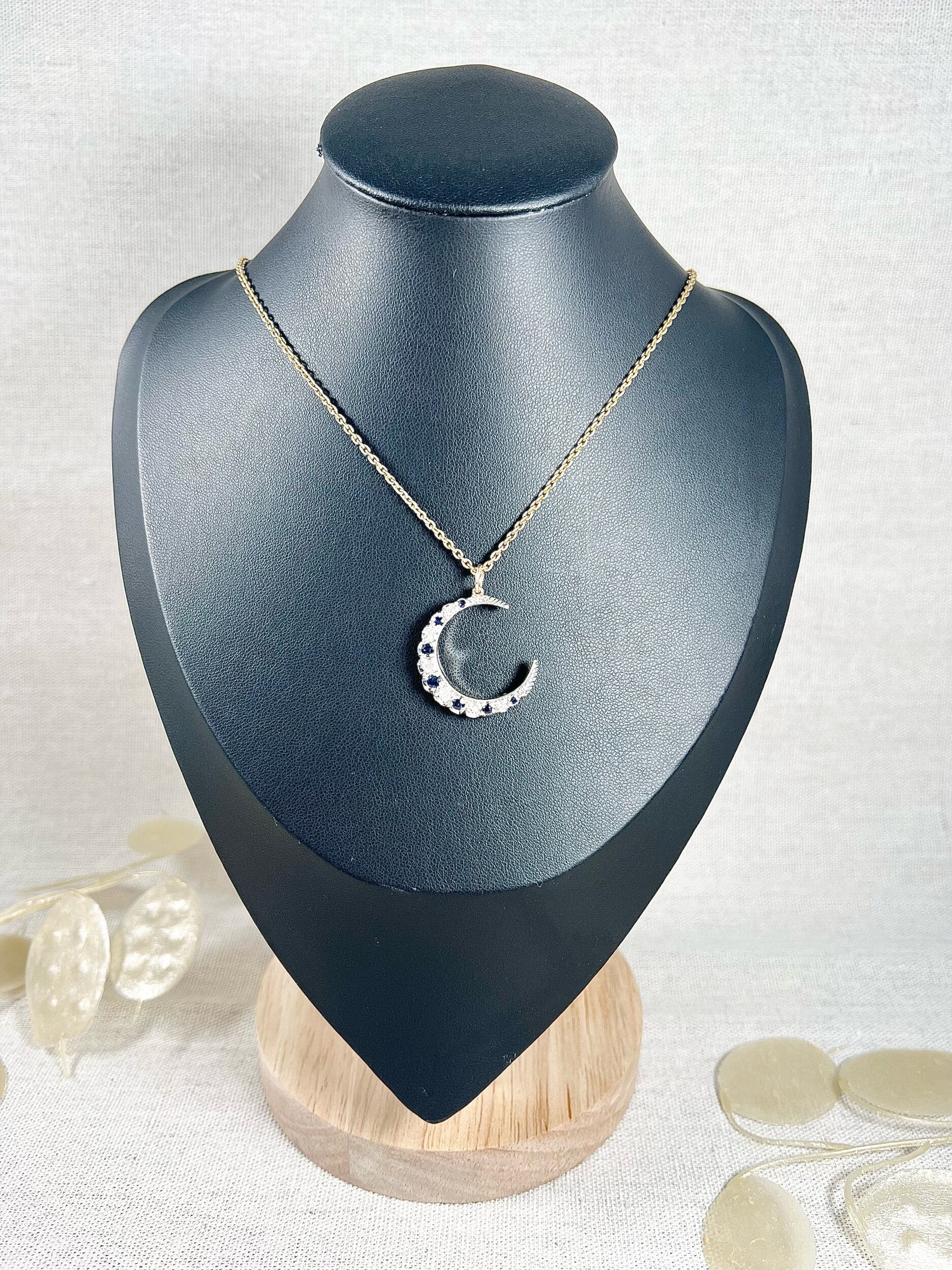 Victorian 9 Carat Gold, Silver, Sapphire and Diamond Crescent Moon Pendant