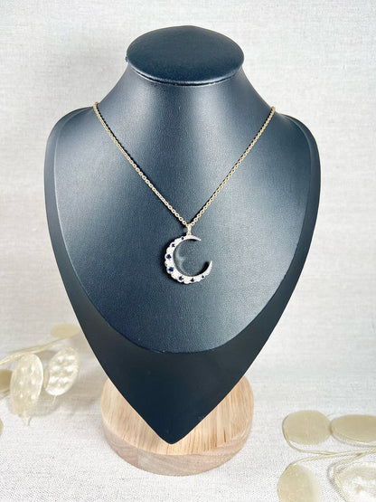 Victorian 9 Carat Gold, Silver, Sapphire and Diamond Crescent Moon Pendant