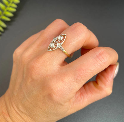 Antique 18 ct Gold And Platinum Open Work Diamond Marquise/Navette Shaped Ring