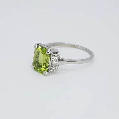 Emerald Cut Peridot, Diamond and Platinum Ring