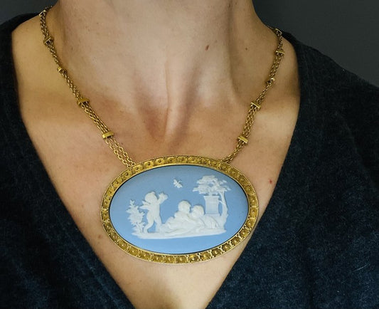 Victorian Antique Wedgwood Blue and White Jasperware Pendant Necklace