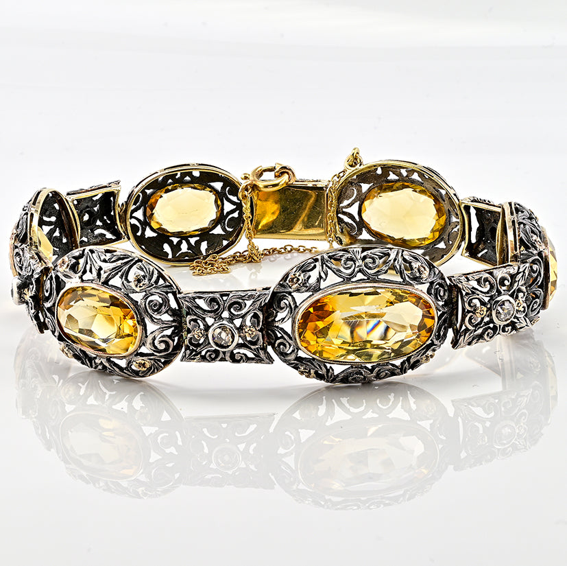 Edwardian Antique 25.45ct Natural Citrine Oval Panel Link Bracelet with Diamonds