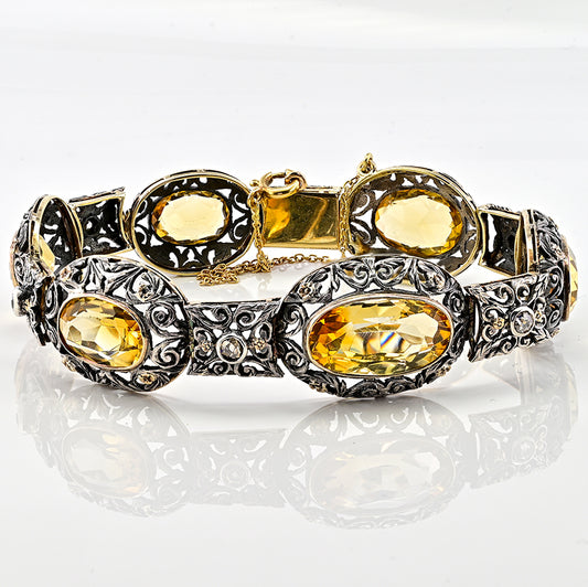 Edwardian Antique 25.45ct Natural Citrine Oval Panel Link Bracelet with Diamonds