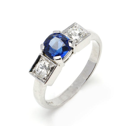 Vintage 0.85ct Sapphire and Diamond Three Stone Ring in Platinum