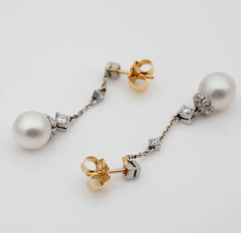 Art Deco Pearl and Diamond Drop Pendant Earrings