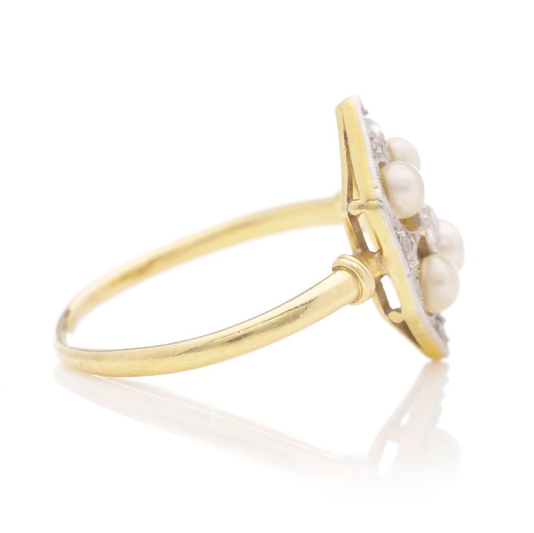 Edwardian Antique Old Cut Diamond and Pearl Cluster Plaque Ring