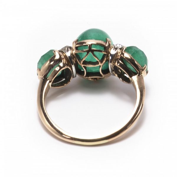 Vintage Cabochon Emerald and Diamond Three Stone Ring, Circa 1950s