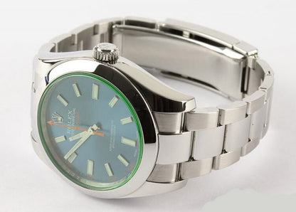 Rolex Milgauss Blue Dial 40mm Stainless Steel Automatic Wristwatch; blue dial with green crystal, on stainless steel Oyster bracelet, Circa 2014, Rolex box and papers