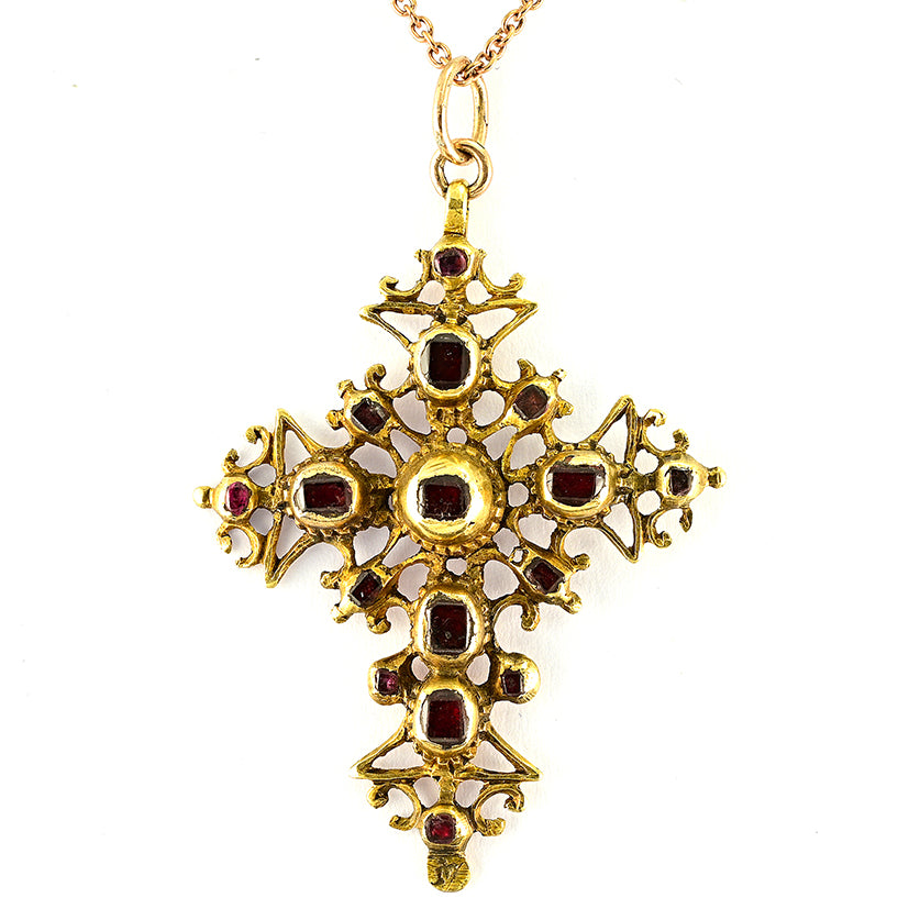 Georgian Antique Table Cut Garnet and Ruby Set 18ct Yellow Gold Cross Pendant, Mid 18th century Circa 1740
