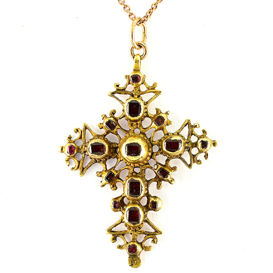Georgian Antique Table Cut Garnet and Ruby Set 18ct Yellow Gold Cross Pendant, Mid 18th century Circa 1740