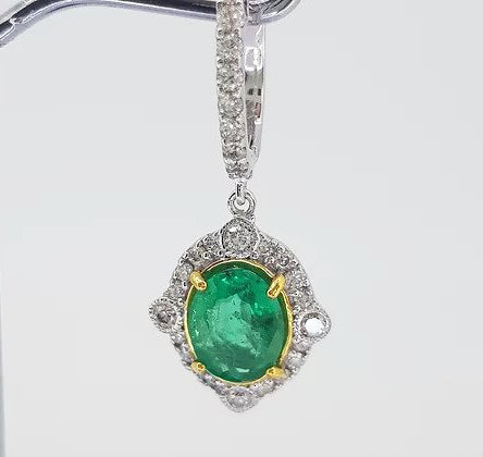 Emerald and Diamond Cluster Drop Earrings; 2.21cts oval emeralds surrounded by brilliant diamonds, suspended from diamond set hoop, 18ct gold