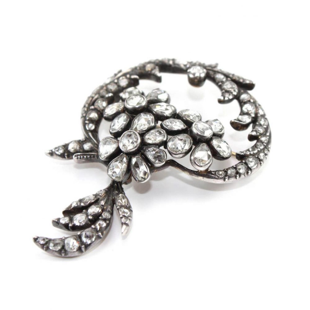 Antique Victorian 6ct Rose Cut Diamond Floral Brooch