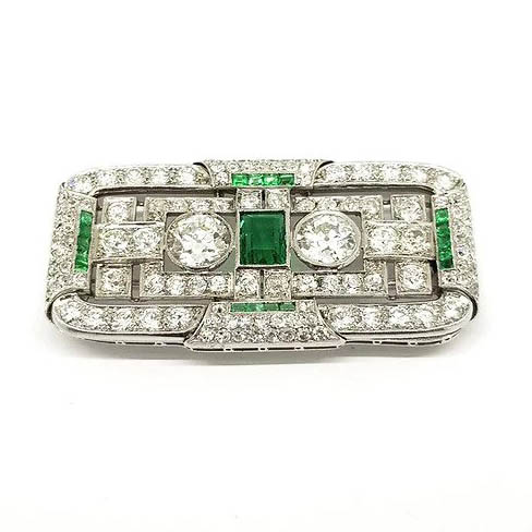 Early Art Deco Diamond and Emerald Brooch, 3.00 carats
