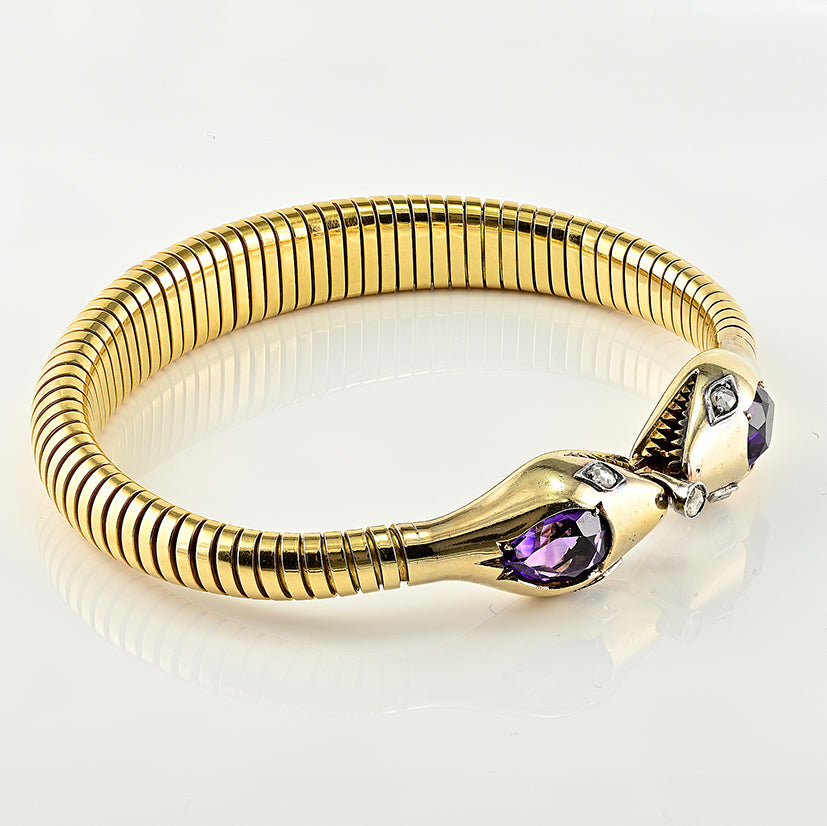 Vintage 1940s Retro Amethyst and Diamond Set 18ct Yellow Gold Snake Tubogas Bracelet