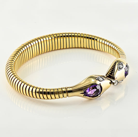 Vintage 1940s Retro Amethyst and Diamond Set 18ct Yellow Gold Snake Tubogas Bracelet