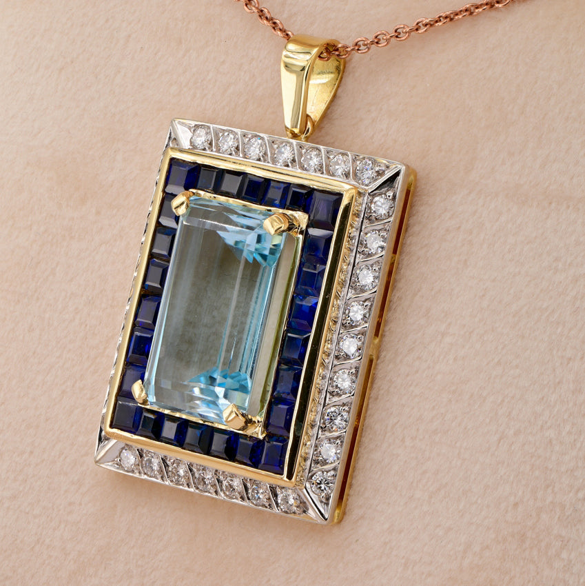 Vintage 17.50ct Aquamarine Sapphire Diamond Cluster Pendant