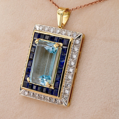 Vintage 17.50ct Aquamarine Sapphire Diamond Cluster Pendant