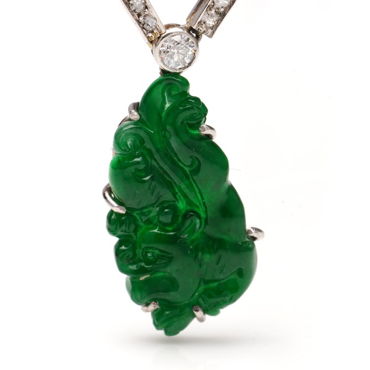 Art Deco GIA Certified A Grade Carved Jade Pendant Necklace with and Old Cut Diamonds
