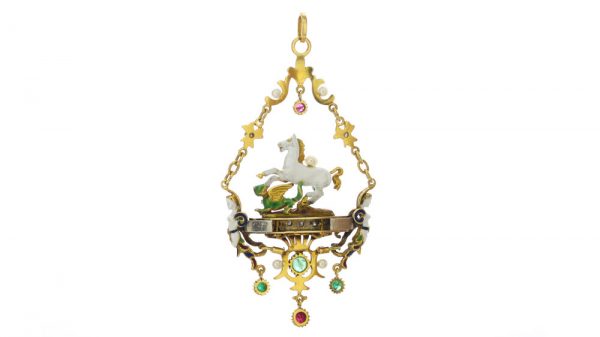 Vintage Pegasus and Dragon Pendant with Enamel and Gemstones; elaborate 18ct yellow gold Pegasus and dragon pendant necklace decorated with enamel, freshwater pearls, emeralds, ruby and diamonds. Circa 1950s