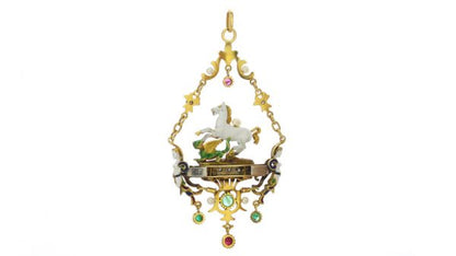 Vintage Pegasus and Dragon Pendant with Enamel and Gemstones; elaborate 18ct yellow gold Pegasus and dragon pendant necklace decorated with enamel, freshwater pearls, emeralds, ruby and diamonds. Circa 1950s