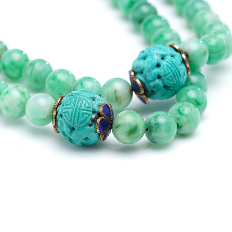 Antique Chinese Jade Bead Necklace with Carved Turquoise