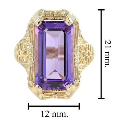9ct Emerald Cut Amethyst and Yellow Gold Filigree Dress Ring