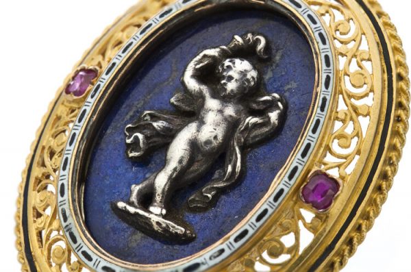 Antique Italian Silver Cherub, Lapis Lazuli and 18ct Yellow Gold Pendant