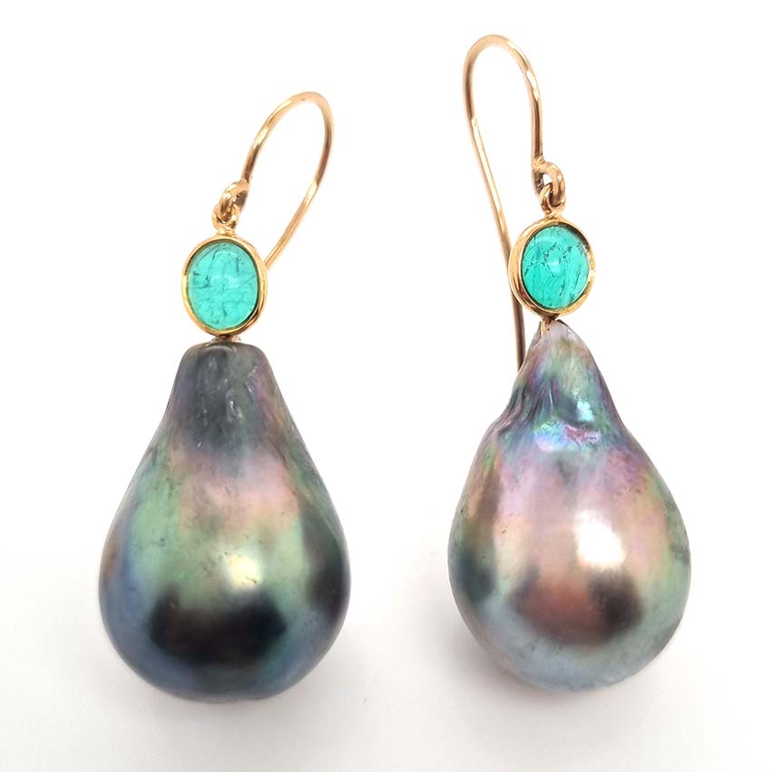 Tahitian Pearl and Cabochon Emerald Drop Earrings