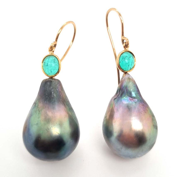 Tahitian Pearl and Cabochon Emerald Drop Earrings