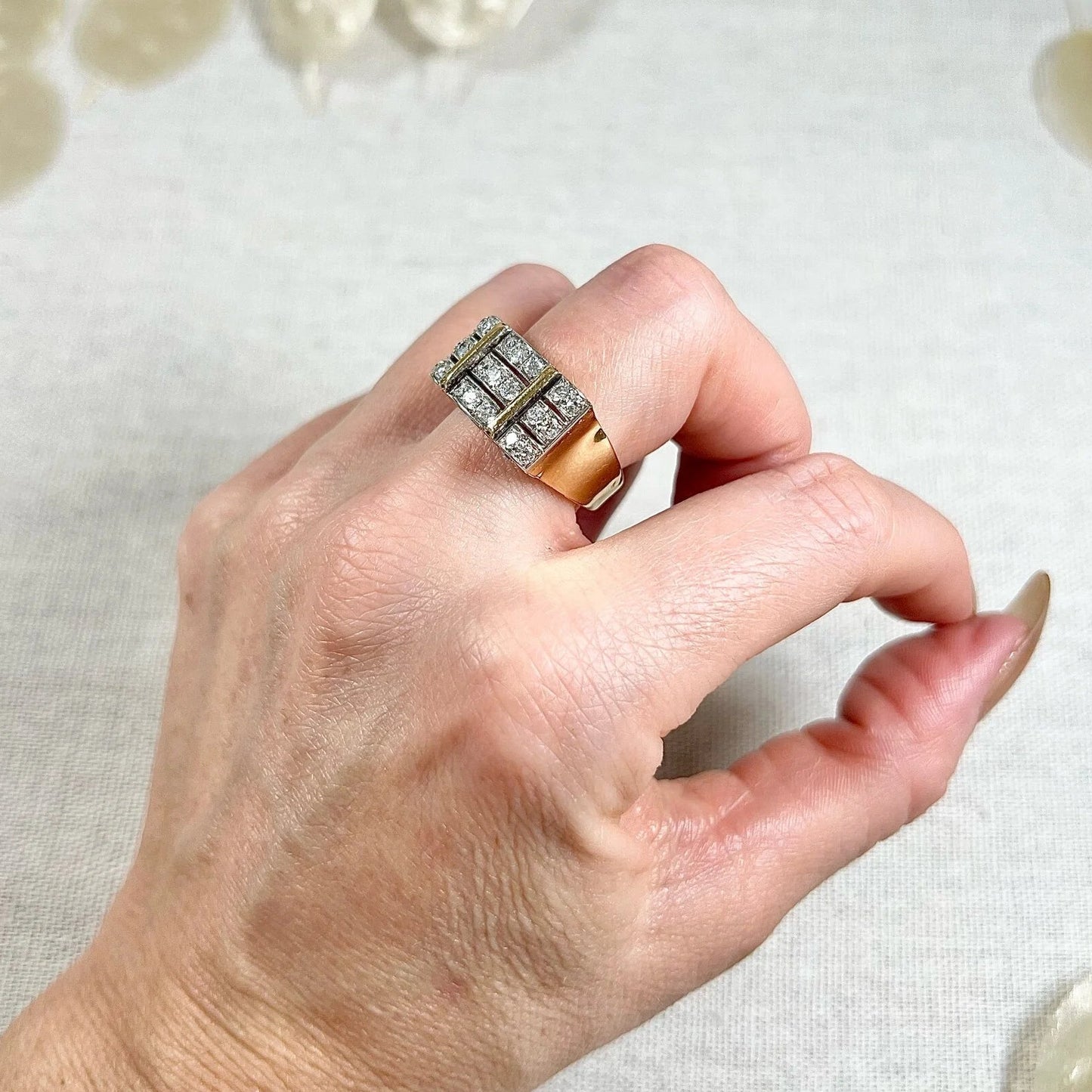 Vintage French 1940s Diamond Cocktail Tank Ring