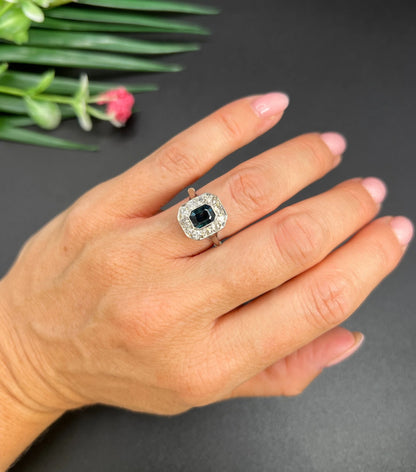 Art Deco Sapphire and Diamond Octagonal Shaped Cluster Engagement Ring 18ct gold and Platinum
