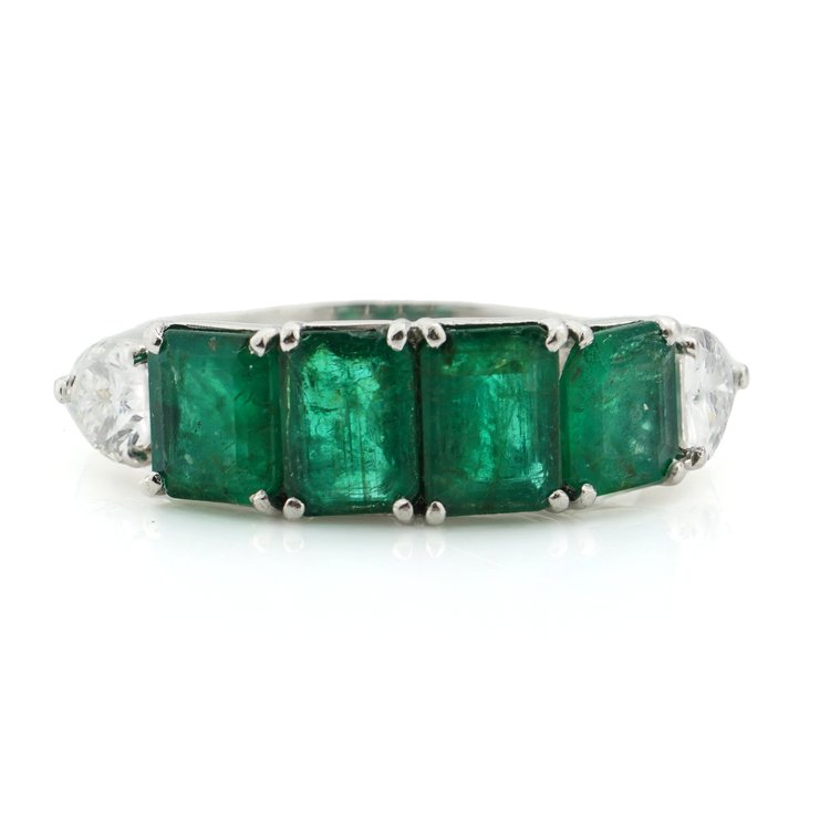 Vintage Chantecler 1.38ct Emerald and Pear Cut Diamond Ring; four emerald-cut emeralds flanked either side by a pear-cut diamond in 18ct white gold. Made in Italy, Capri, Circa 1990s