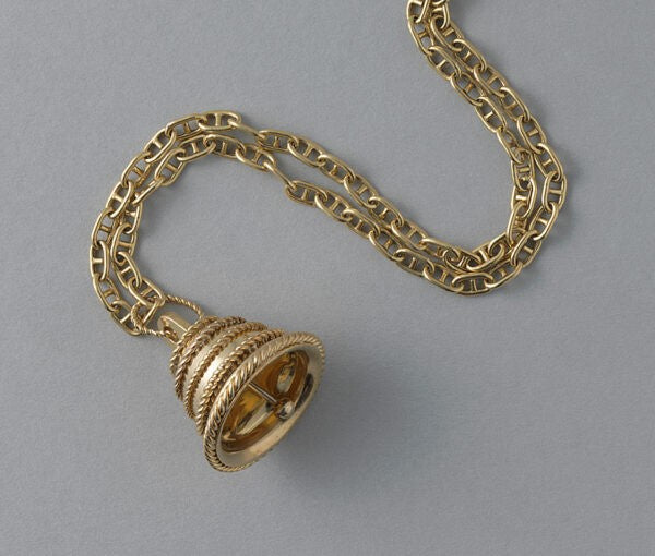 Van Cleef and Arpels 18ct Yellow Gold Bell Pendant; functioning bell decorated with five horizontal stripes of twisted gold wire. Signed and numbered: Van Cleef & Arpels, NY, 10 V 17249